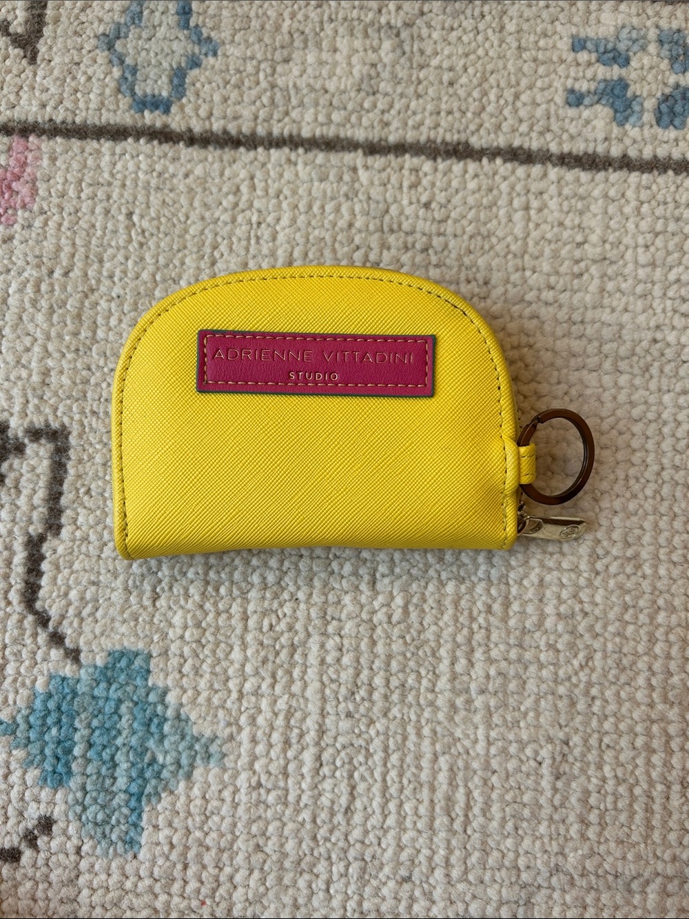 Adrienne Vittadini Yellow Leather Key & Card Holder with Pink Logo Patch